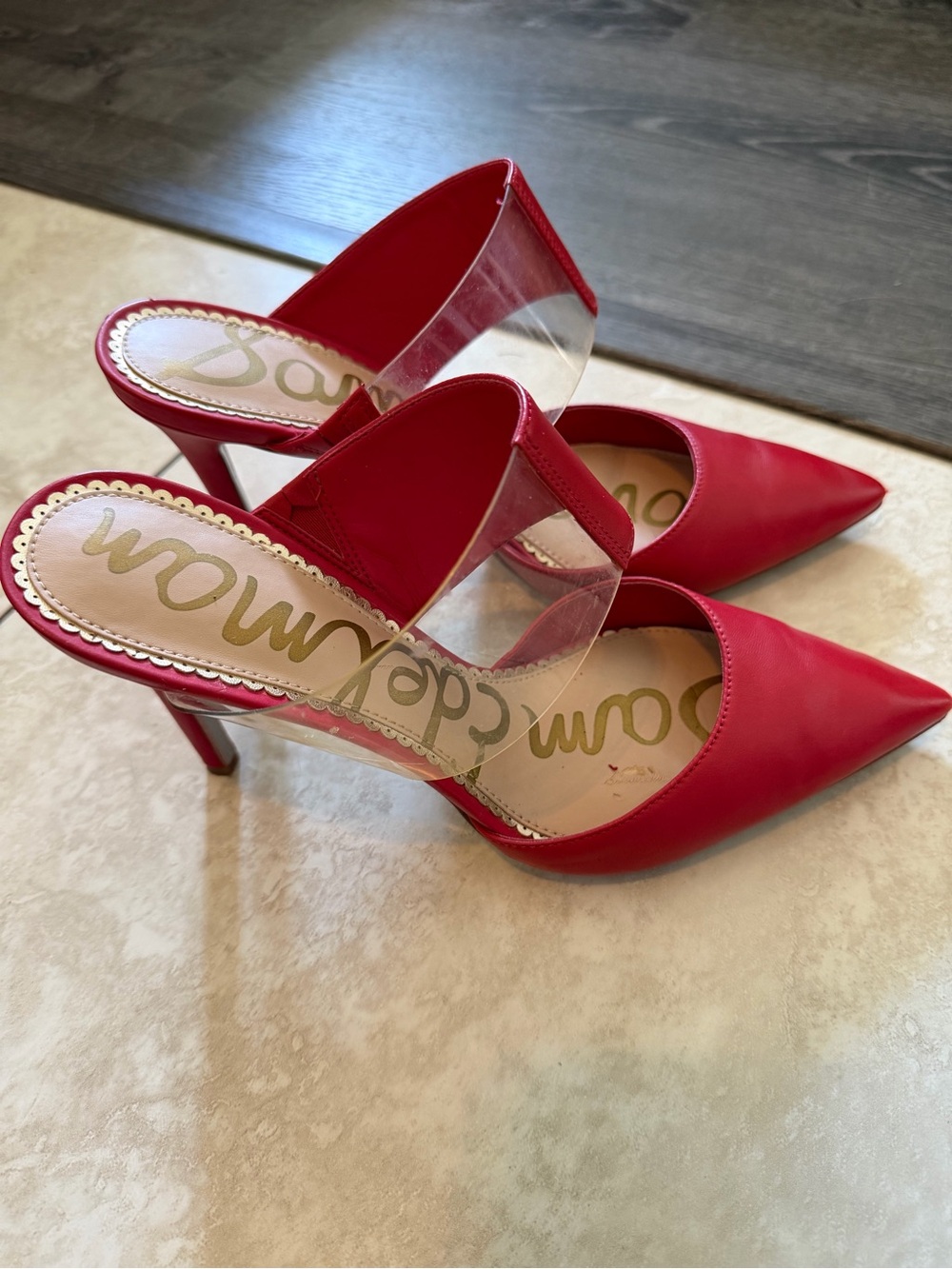 Sam Edelman Hope heels/mules - Red Pointed Mule Heels with Clear Strap - Picture 2 of 11